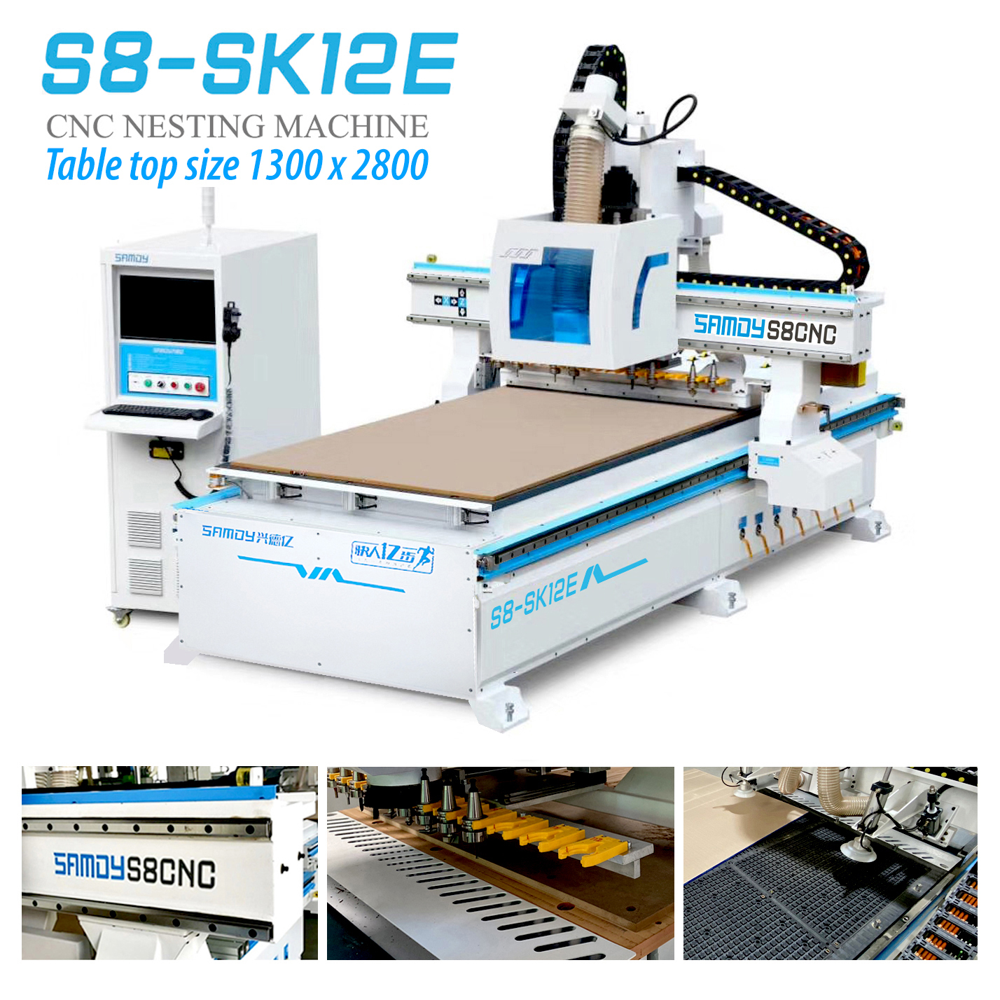 Máy CNC Nesting S8-SK12E Tích hợp hệ gắp ván thuộc Dòng máy Hạng Siêu Nặng tốc độ Cao mặt bàn 2 lớp, bơm hút chân không 11Kw, gia công ván khổ lớn 1300*2800mm