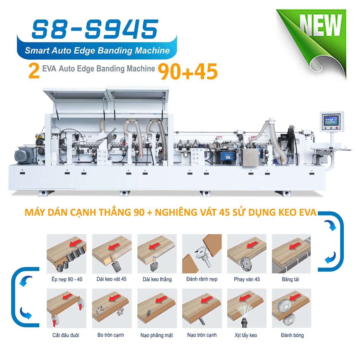 Máy dán cạnh nghiêng 45 độ  - 90 độ với 2 nồi keo EVA tự động chém phay vát cạnh ván  S8-S945